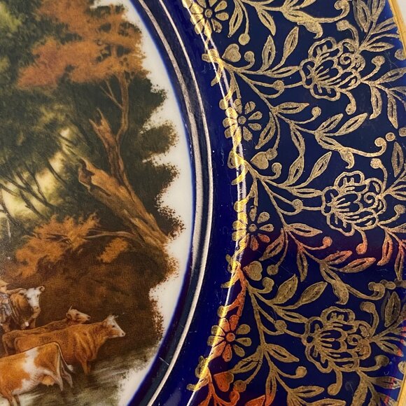 Royal Sutherland Bone China Plate Pastoral Couple Scene Gold Floral Blue Rim - Picture 5 of 6